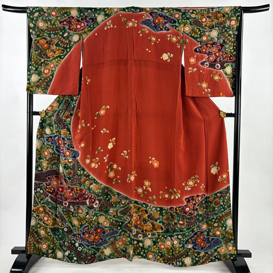 【美品】訪問服 身長160.5cm 袖長66cm M 雙層 辻花染 分色 絹緞 朱 純蠶絲 秀品級