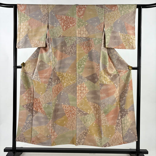 【美品】 小紋 身長151cm 袖長62cm S 雙層 寄せ柄 草花紋紋 金銀彩 粉米色 純蠶絲 秀品級