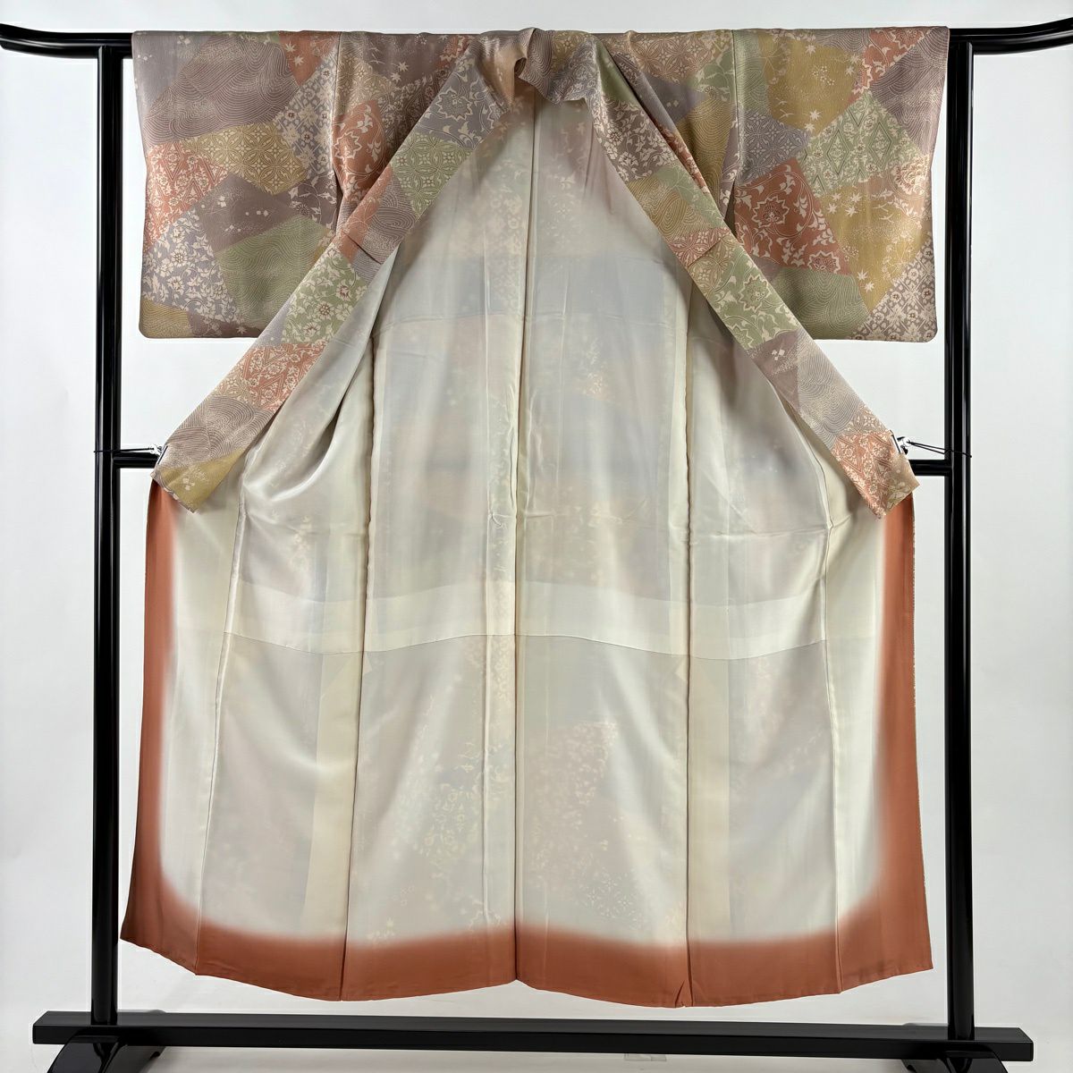 【美品】 小紋 身長151cm 袖長62cm S 雙層 寄せ柄 草花紋紋 金銀彩 粉米色 純蠶絲 秀品級
