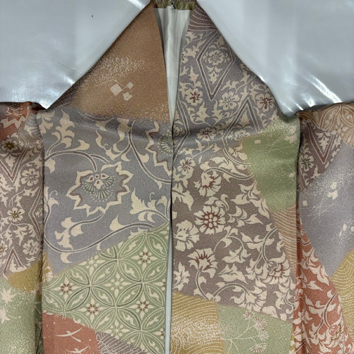 【美品】 小紋 身長151cm 袖長62cm S 雙層 寄せ柄 草花紋紋 金銀彩 粉米色 純蠶絲 秀品級