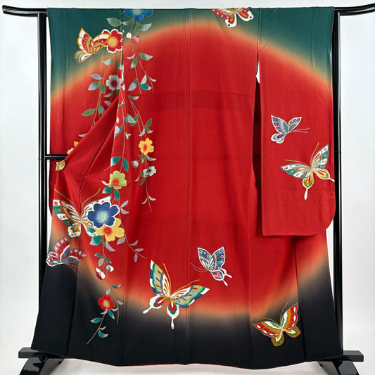 【美品】振袖禮服 身長161.5cm 袖長63cm S 雙層 蝶 枝垂櫻 金銀彩 染分 紅 純蠶絲 秀品級