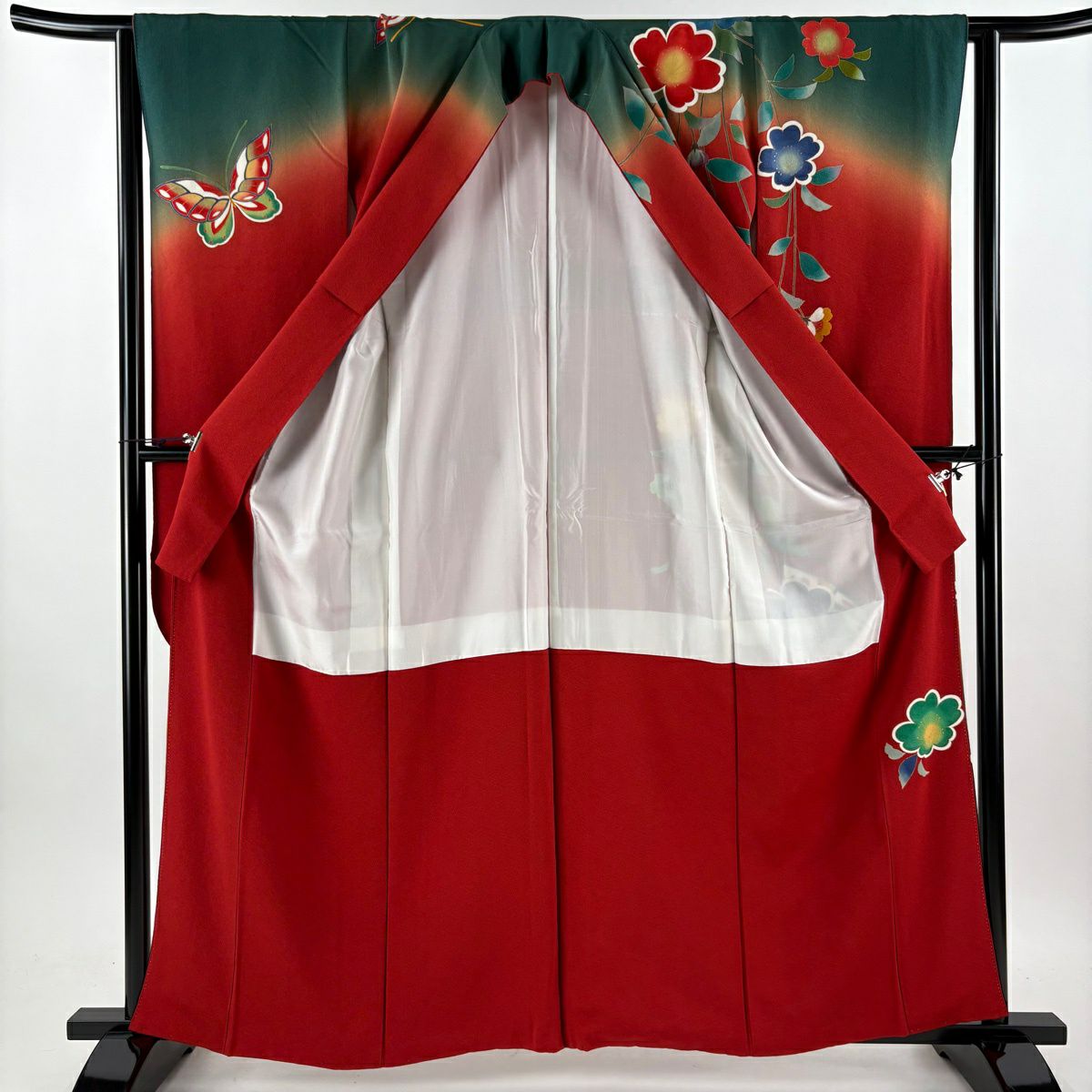【美品】振袖禮服 身長161.5cm 袖長63cm S 雙層 蝶 枝垂櫻 金銀彩 染分 紅 純蠶絲 秀品級