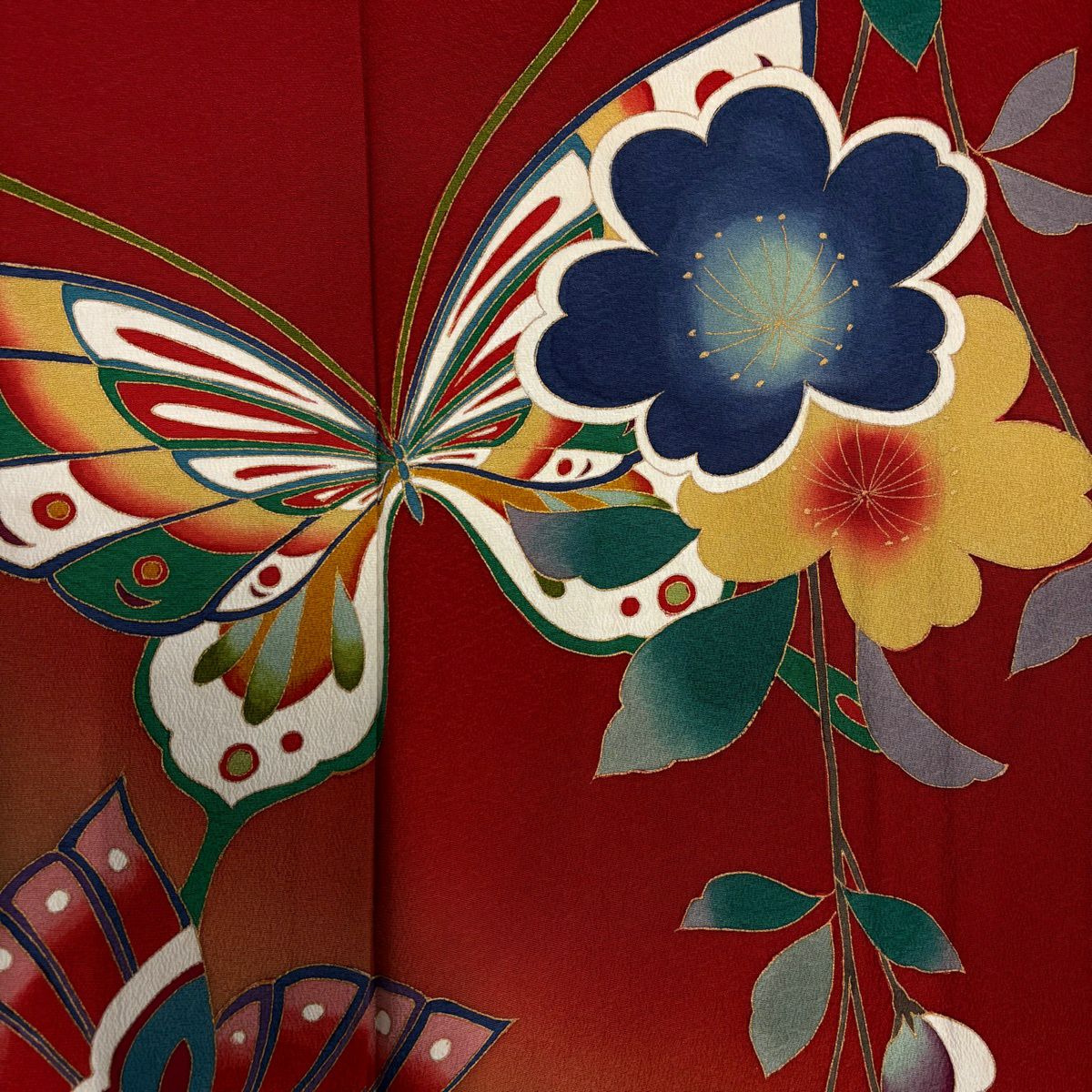 【美品】振袖禮服 身長161.5cm 袖長63cm S 雙層 蝶 枝垂櫻 金銀彩 染分 紅 純蠶絲 秀品級