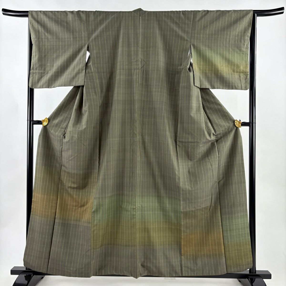 【美品】 付下 身長159cm 袖長65cm M 雙層 紬織織 縞 段縞 艾草綠 純蠶絲 優品級