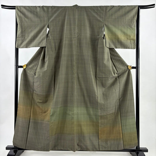【美品】 付下 身長159cm 袖長65cm M 雙層 紬織織 縞 段縞 艾草綠 純蠶絲 優品級