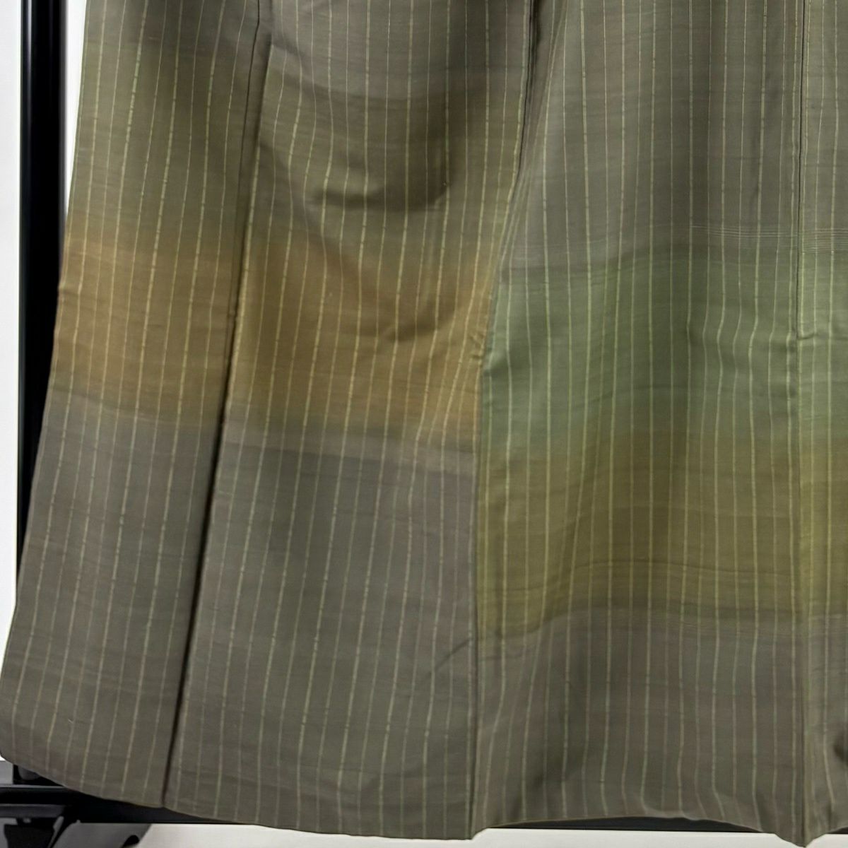 【美品】 付下 身長159cm 袖長65cm M 雙層 紬織織 縞 段縞 艾草綠 純蠶絲 優品級