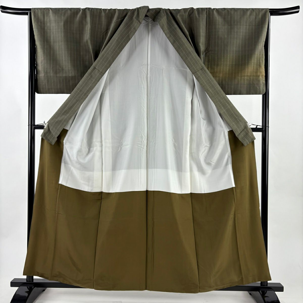 【美品】 付下 身長159cm 袖長65cm M 雙層 紬織織 縞 段縞 艾草綠 純蠶絲 優品級
