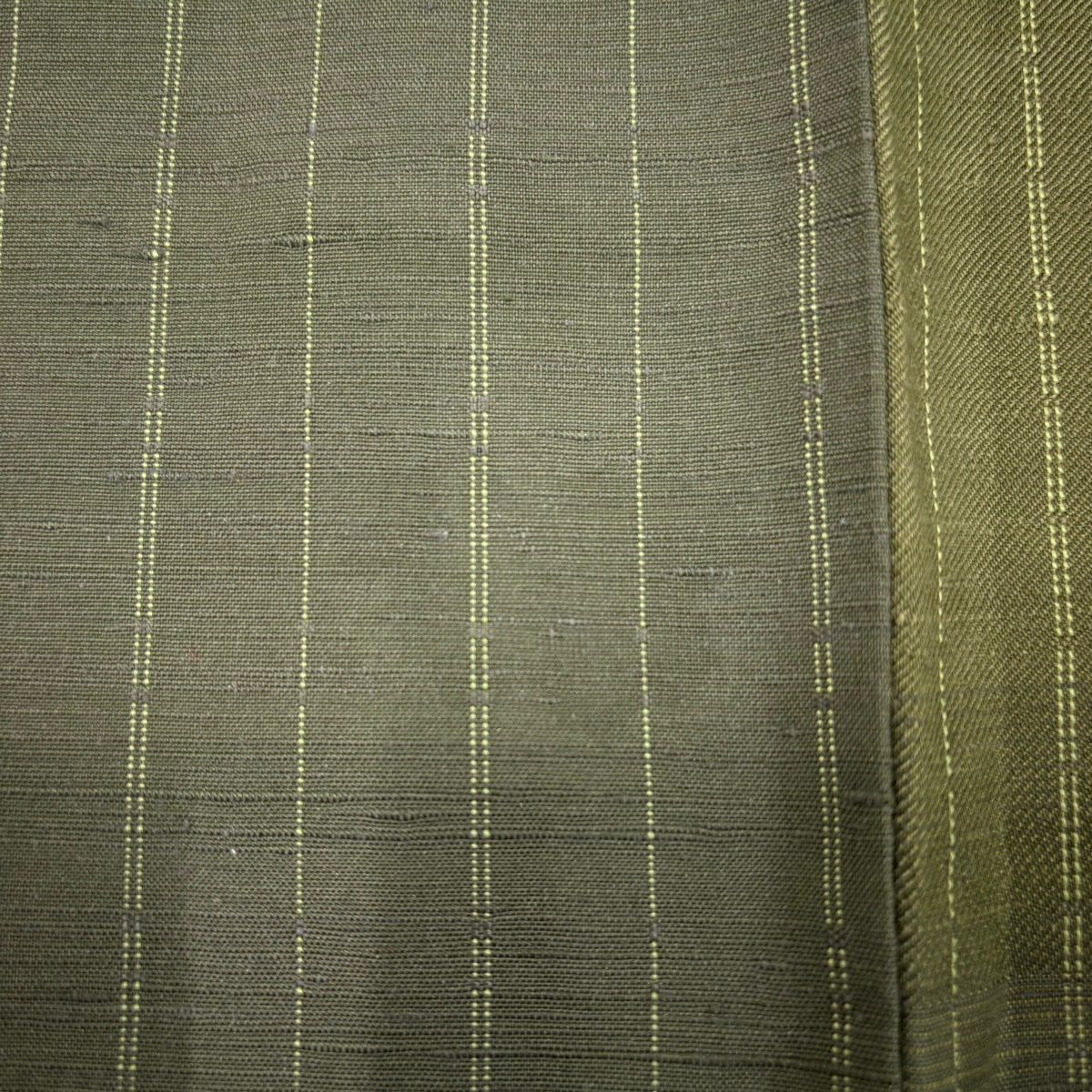 【美品】 付下 身長159cm 袖長65cm M 雙層 紬織織 縞 段縞 艾草綠 純蠶絲 優品級