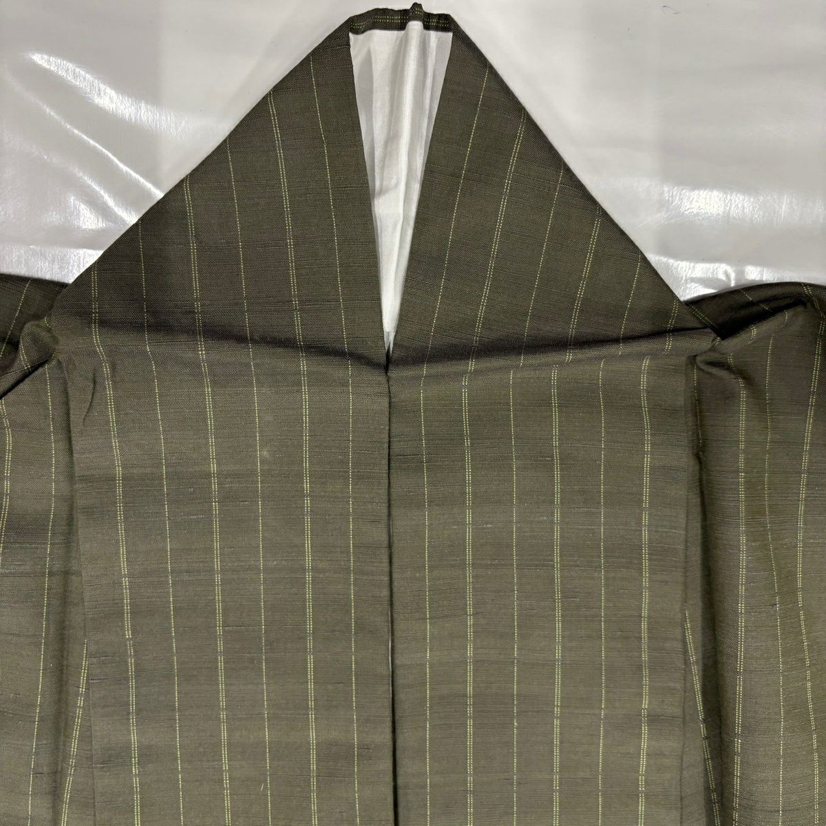 【美品】 付下 身長159cm 袖長65cm M 雙層 紬織織 縞 段縞 艾草綠 純蠶絲 優品級