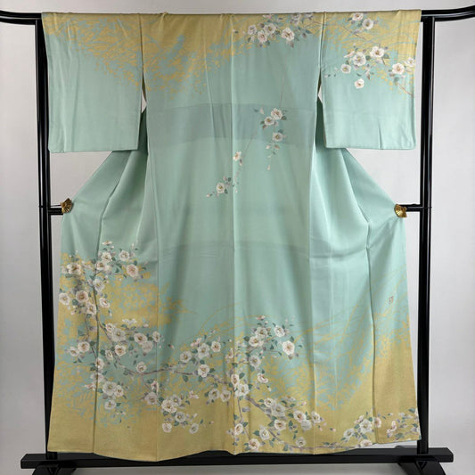 訪問服 身長156cm 袖長64.5cm M 雙層 有落款 椿 輪廓 金銀彩 淺綠 純蠶絲 優品級