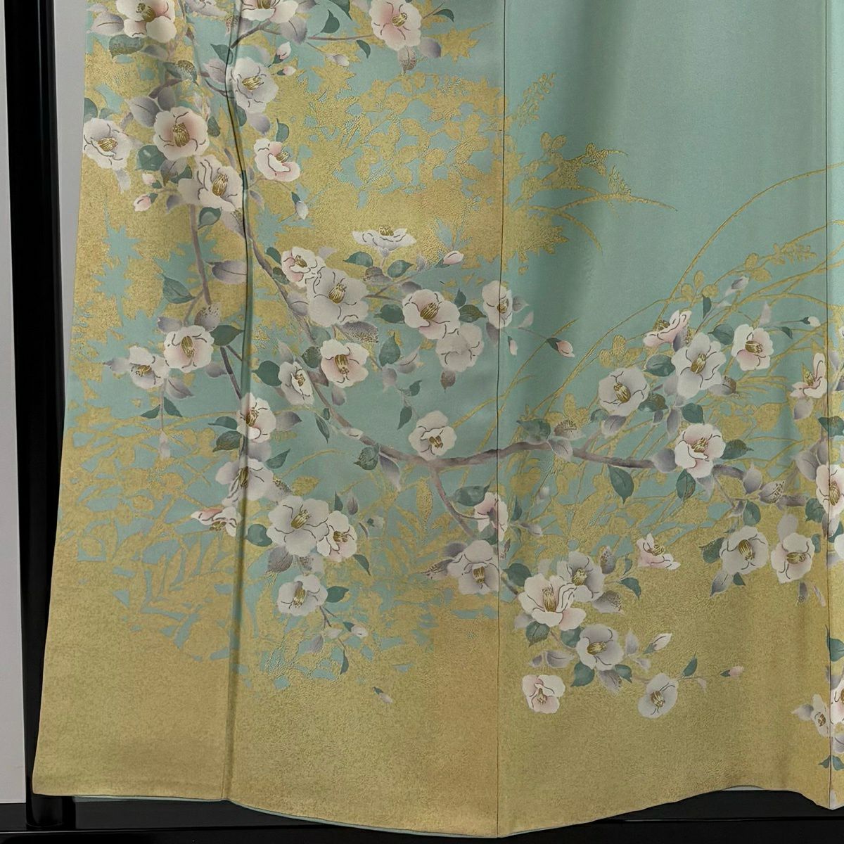訪問服 身長156cm 袖長64.5cm M 雙層 有落款 椿 輪廓 金銀彩 淺綠 純蠶絲 優品級