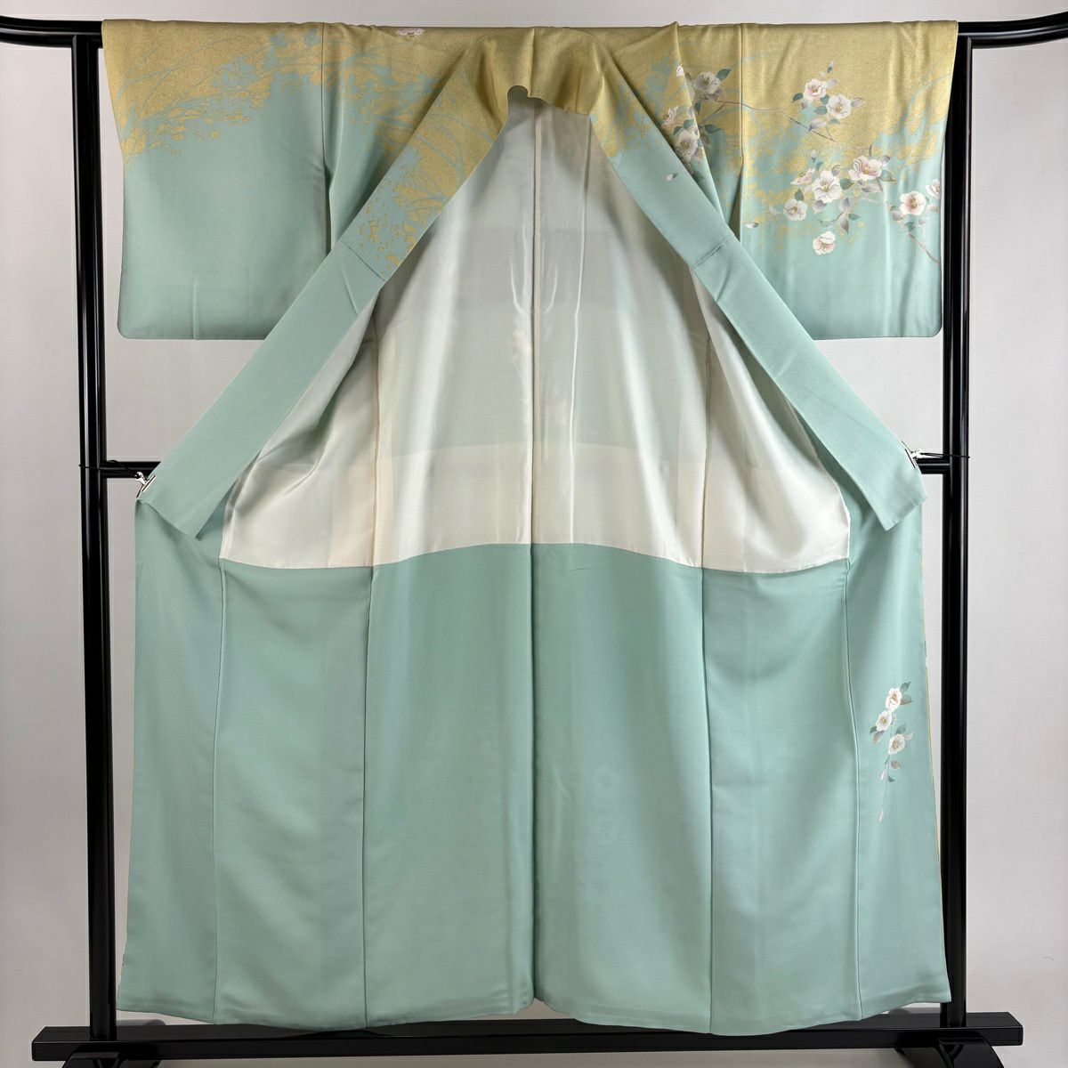 訪問服 身長156cm 袖長64.5cm M 雙層 有落款 椿 輪廓 金銀彩 淺綠 純蠶絲 優品級