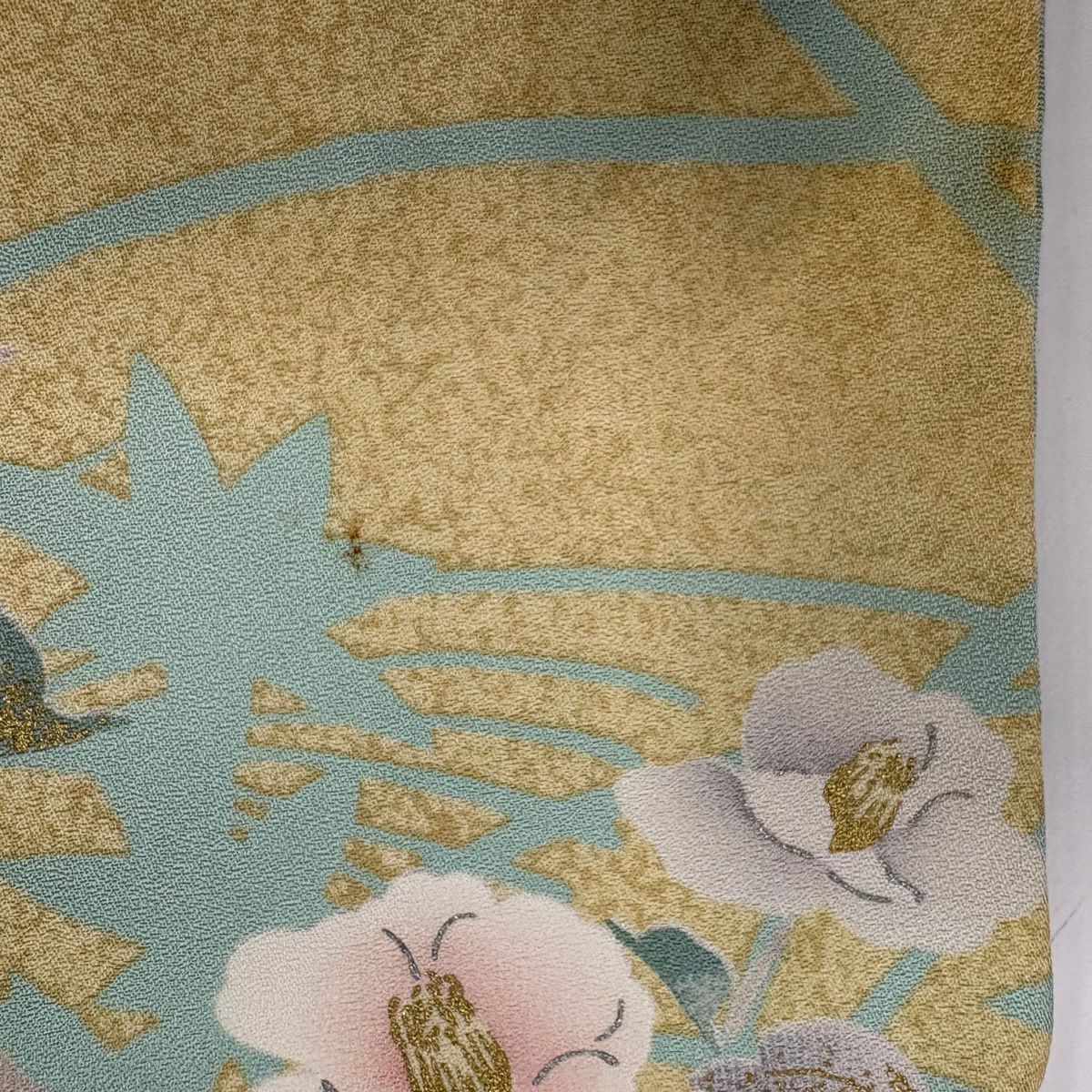 訪問服 身長156cm 袖長64.5cm M 雙層 有落款 椿 輪廓 金銀彩 淺綠 純蠶絲 優品級
