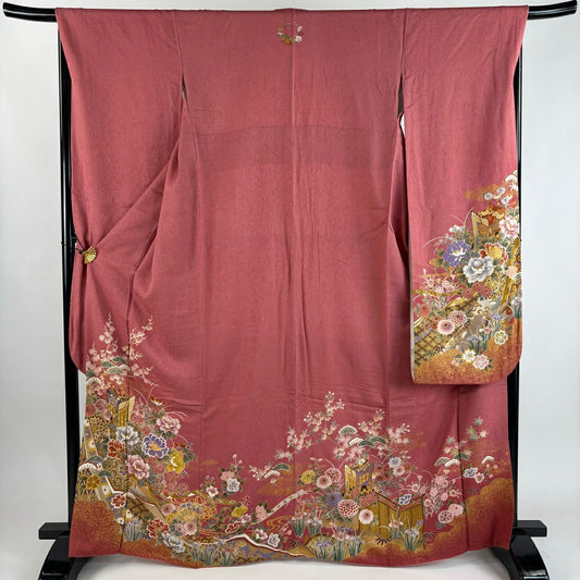 振袖禮服 身長165cm 袖長68.5cm L 雙層 御所車 草花紋紋 金彩裝飾 粉紅 純蠶絲 秀品級 一つ紋