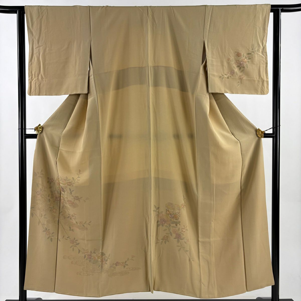付下 身長151cm 袖長60.5cm S 雙層 貝桶 観世水 刺繡 米色 純蠶絲 優品級