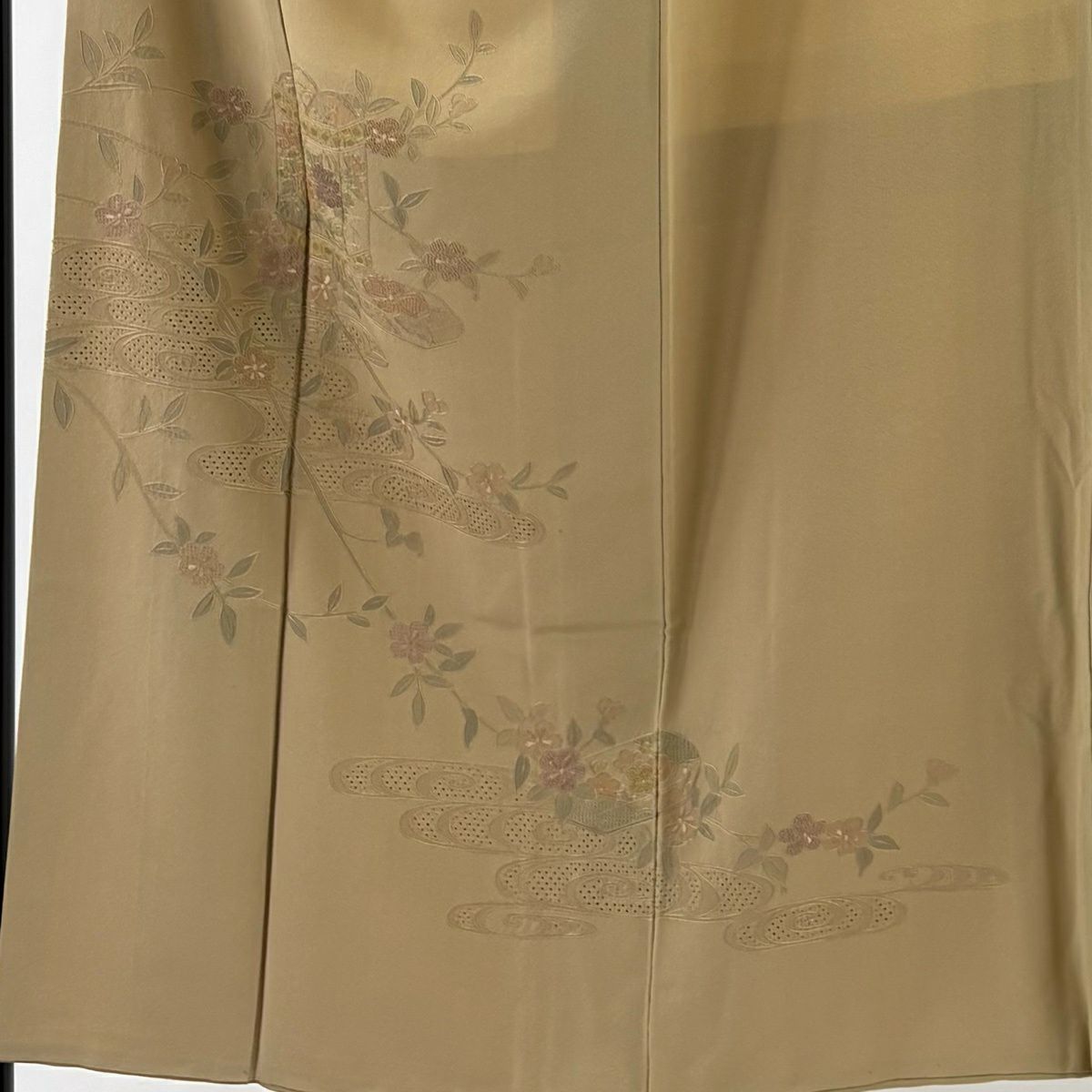 付下 身長151cm 袖長60.5cm S 雙層 貝桶 観世水 刺繡 米色 純蠶絲 優品級