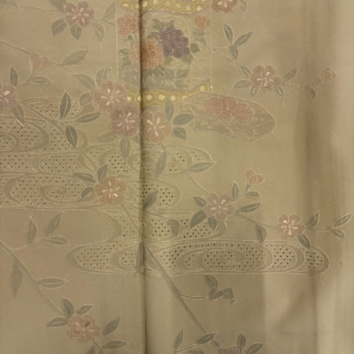 付下 身長151cm 袖長60.5cm S 雙層 貝桶 観世水 刺繡 米色 純蠶絲 優品級