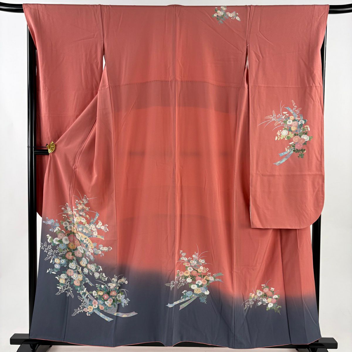 振袖禮服 身長158cm 袖長67cm M 雙層 菊花 扇子 辻花染 漸層 粉紅 純蠶絲 優品級