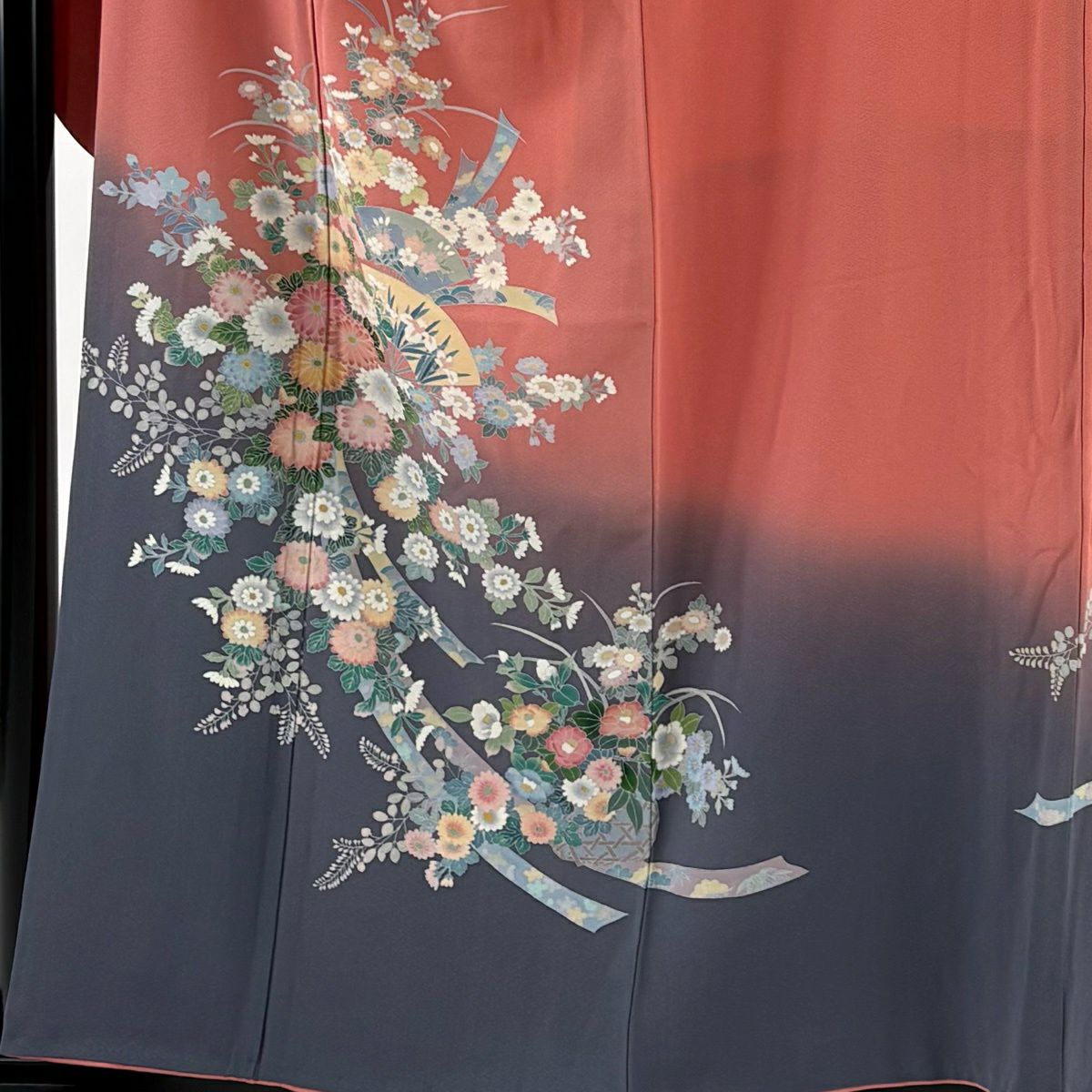 振袖禮服 身長158cm 袖長67cm M 雙層 菊花 扇子 辻花染 漸層 粉紅 純蠶絲 優品級