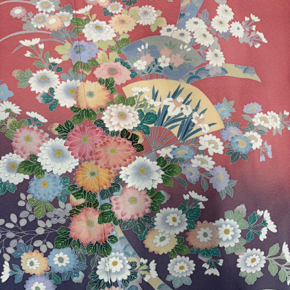 振袖禮服 身長158cm 袖長67cm M 雙層 菊花 扇子 辻花染 漸層 粉紅 純蠶絲 優品級