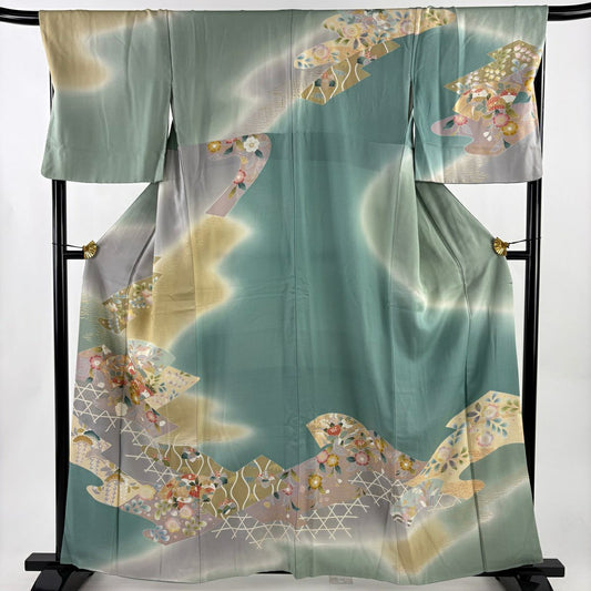 訪問服 身長159cm 袖長68cm L 雙層 扇子面 草花紋紋 金糸 金銀彩 灰綠 純蠶絲 秀品級