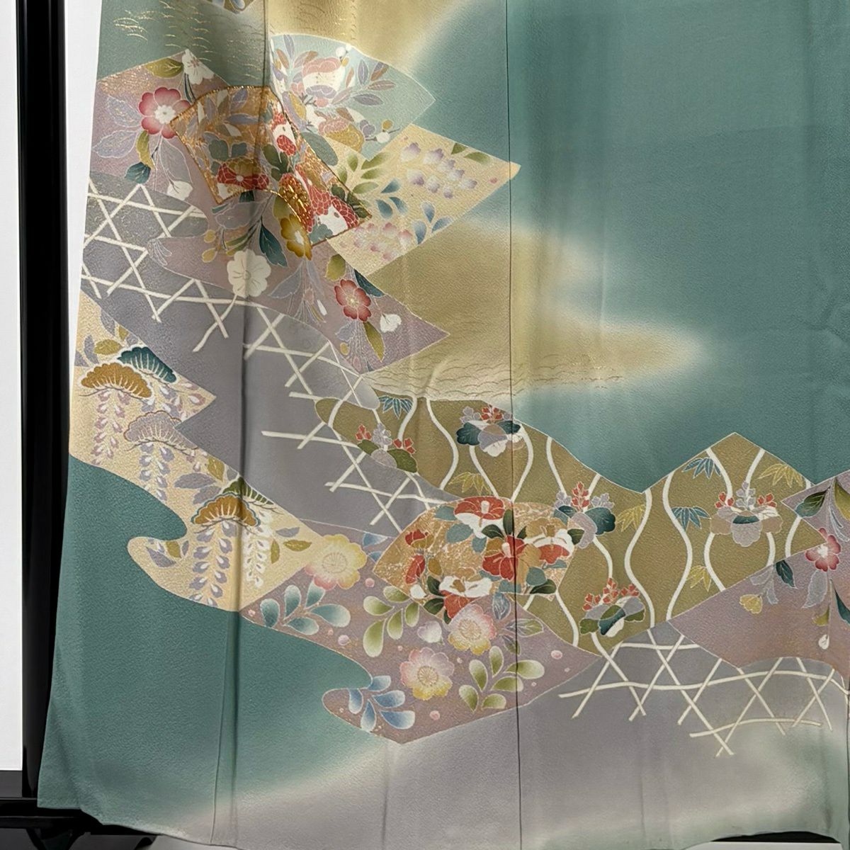 訪問服 身長159cm 袖長68cm L 雙層 扇子面 草花紋紋 金糸 金銀彩 灰綠 純蠶絲 秀品級