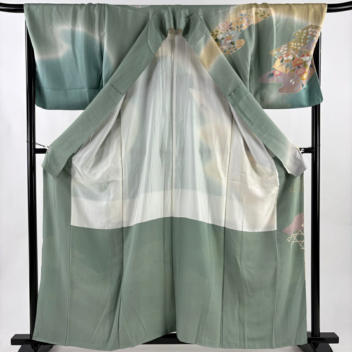 訪問服 身長159cm 袖長68cm L 雙層 扇子面 草花紋紋 金糸 金銀彩 灰綠 純蠶絲 秀品級