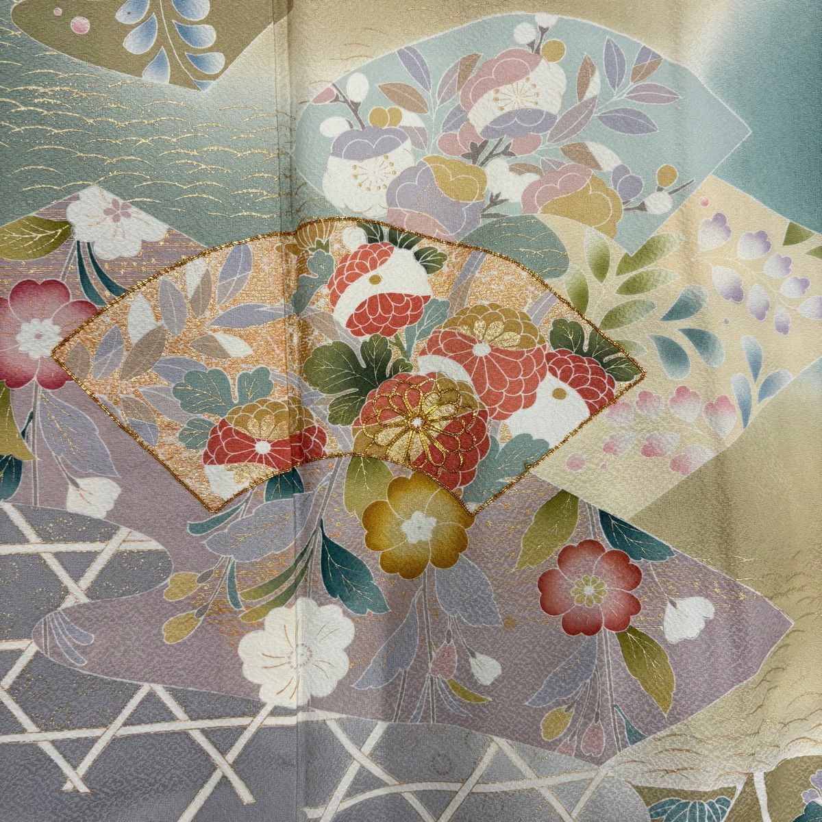 訪問服 身長159cm 袖長68cm L 雙層 扇子面 草花紋紋 金糸 金銀彩 灰綠 純蠶絲 秀品級