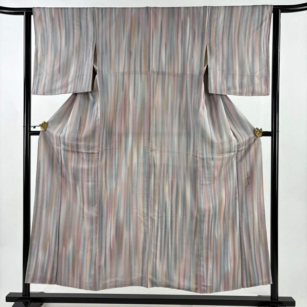 【美品】 小紋 身長152cm 袖長62.5cm S 雙層 斉藤三才 落款あり 縞 幾何學 漸層 灰紫 純蠶絲 秀品級