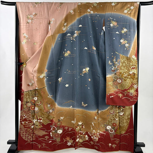 振袖禮服 身長164cm 袖長65cm M 雙層 幾帳 菊花 刺繡 金彩裝飾 粉紅 純蠶絲 秀品級