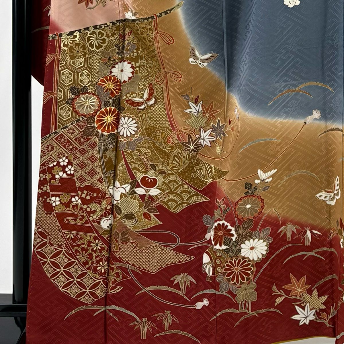 振袖禮服 身長164cm 袖長65cm M 雙層 幾帳 菊花 刺繡 金彩裝飾 粉紅 純蠶絲 秀品級