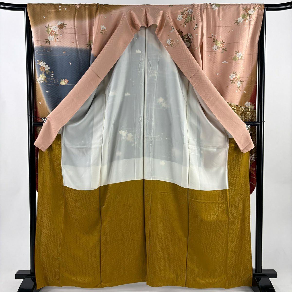 振袖禮服 身長164cm 袖長65cm M 雙層 幾帳 菊花 刺繡 金彩裝飾 粉紅 純蠶絲 秀品級