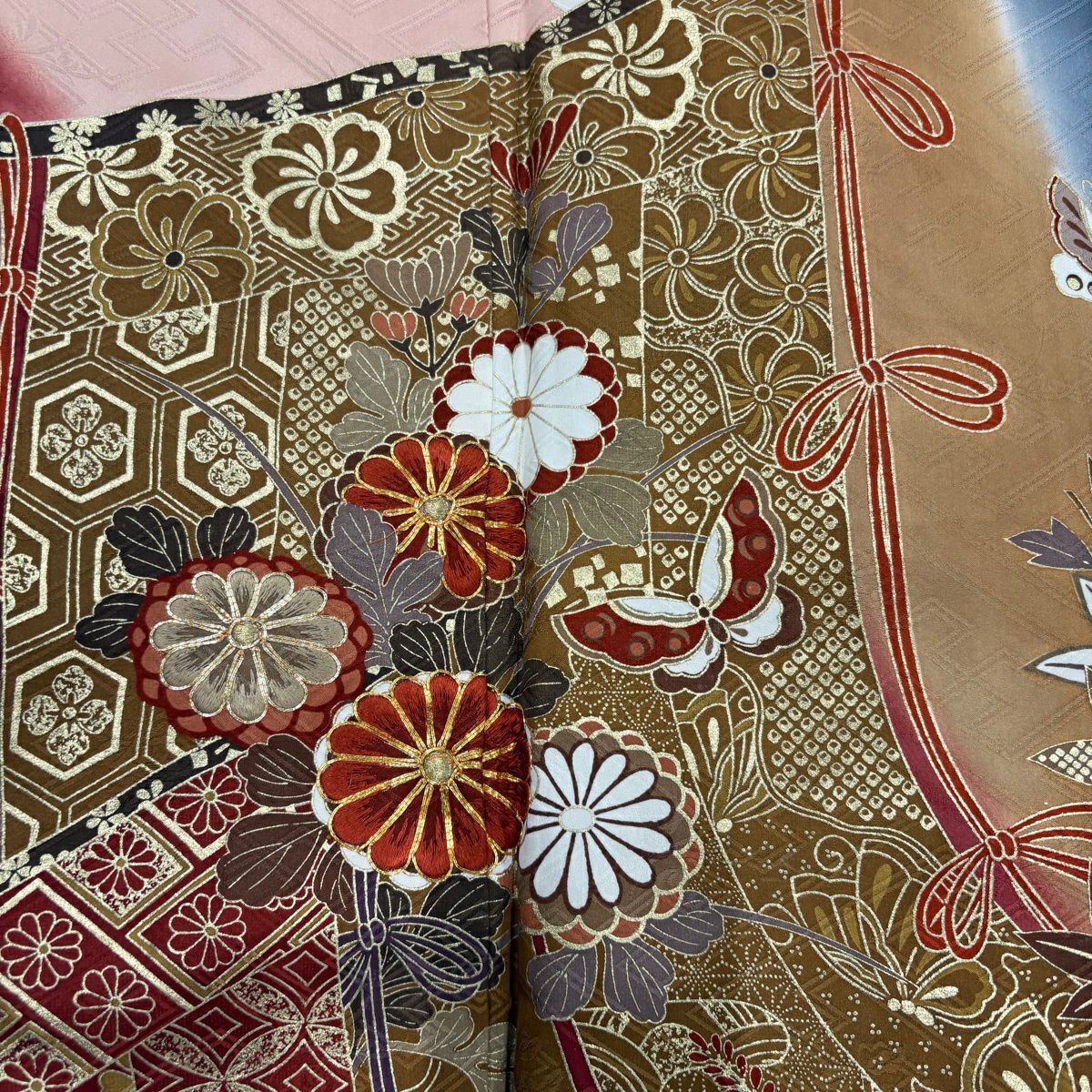 振袖禮服 身長164cm 袖長65cm M 雙層 幾帳 菊花 刺繡 金彩裝飾 粉紅 純蠶絲 秀品級