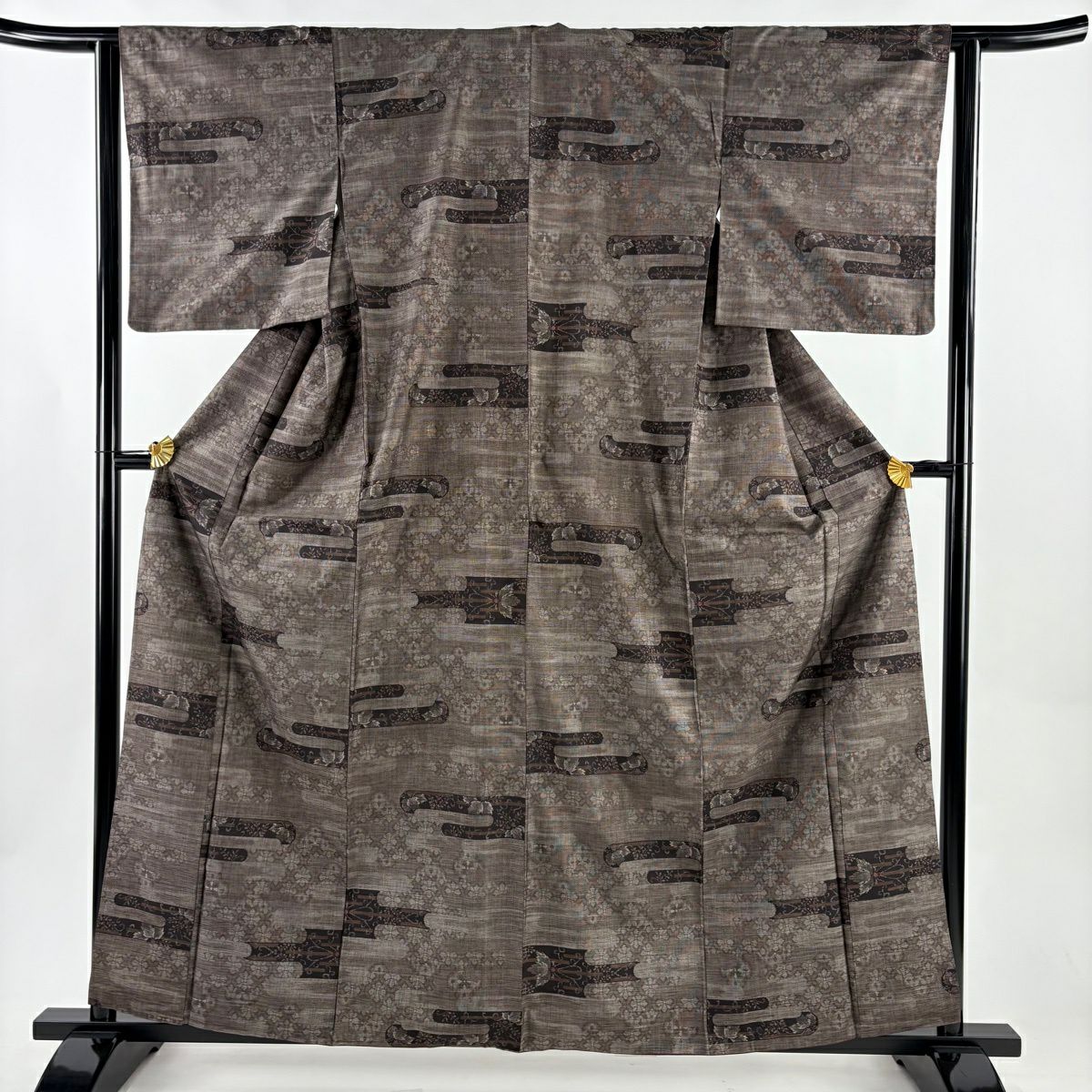 【美品】 紬織織 身長161cm 袖長62cm S 雙層 ヱ霞 草花紋紋 焦茶 純蠶絲 秀品級