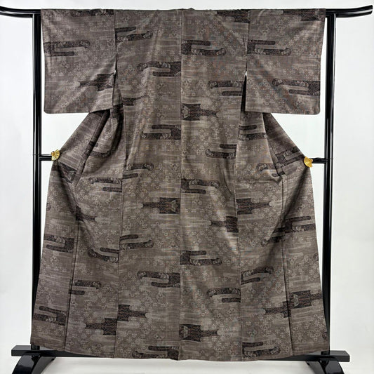 【美品】 紬織織 身長161cm 袖長62cm S 雙層 ヱ霞 草花紋紋 焦茶 純蠶絲 秀品級