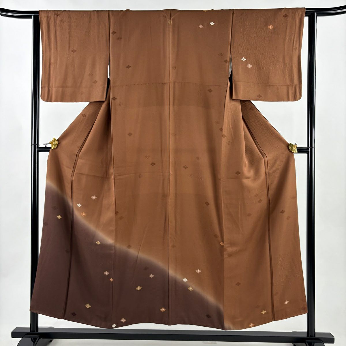 付下 身長152cm 袖長62.5cm S 雙層 花菱 地紋 刺繡 漸層 茶 純蠶絲 秀品級 一個紋