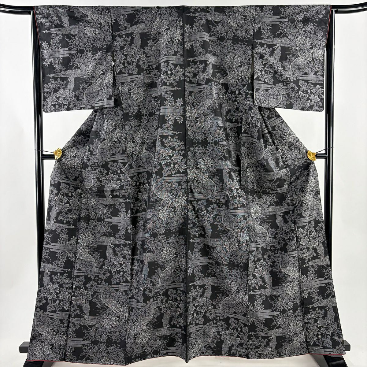 【美品】 紬織 身長163.5cm 袖長64.5cm M 雙層 草花紋 霞 墨 黑 純蠶絲 秀品級