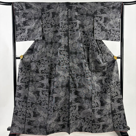 【美品】 紬織 身長163.5cm 袖長64.5cm M 雙層 草花紋 霞 墨 黑 純蠶絲 秀品級