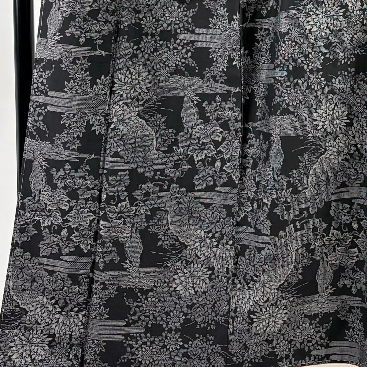 【美品】 紬織 身長163.5cm 袖長64.5cm M 雙層 草花紋 霞 墨 黑 純蠶絲 秀品級