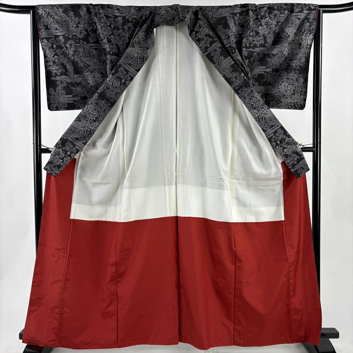 【美品】 紬織 身長163.5cm 袖長64.5cm M 雙層 草花紋 霞 墨 黑 純蠶絲 秀品級