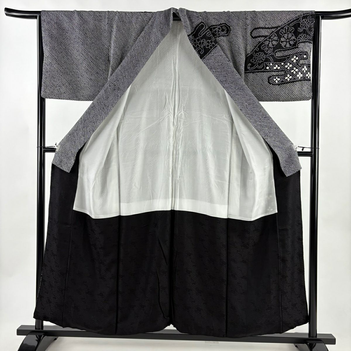 【美品】訪問服 身長154cm 袖長64.5cm M 雙層 菊花 七寶紋 黑 純蠶絲 秀品級