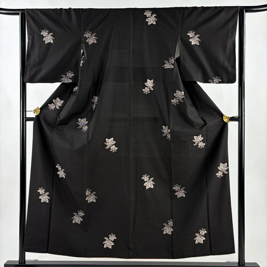 【美品】 付下 身長153cm 袖長63cm S 雙層 紬織織 桐 刺繡 焦茶 純蠶絲 秀品級