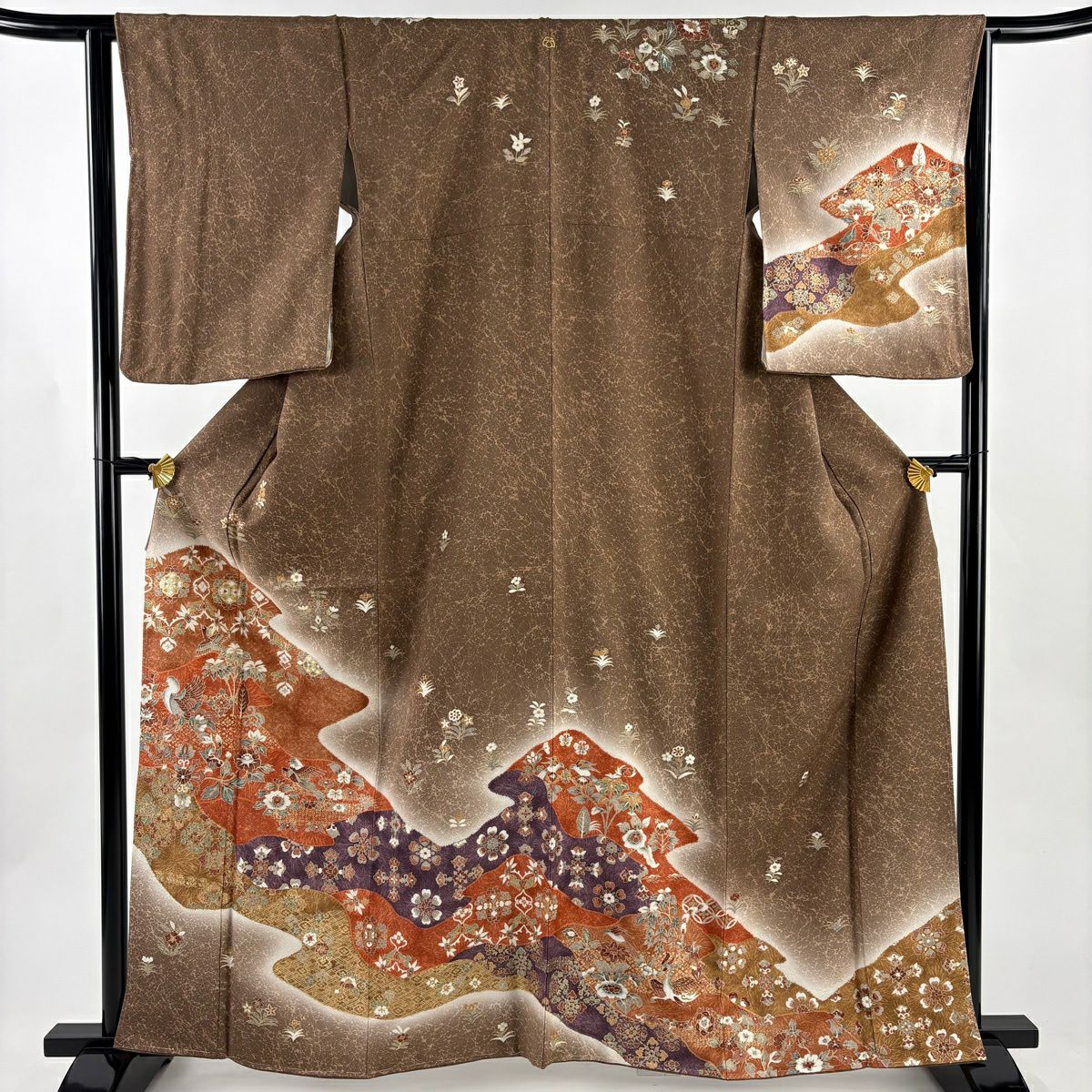 【美品】訪問服 身長161cm 袖長64cm M 雙層 草花紋紋 鳥 金銀彩 染分 茶 純蠶絲 秀品級 一つ紋