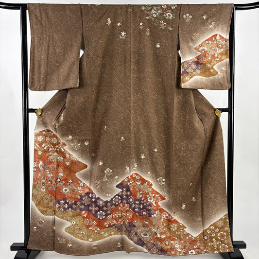 【美品】訪問服 身長161cm 袖長64cm M 雙層 草花紋紋 鳥 金銀彩 染分 茶 純蠶絲 秀品級 一つ紋