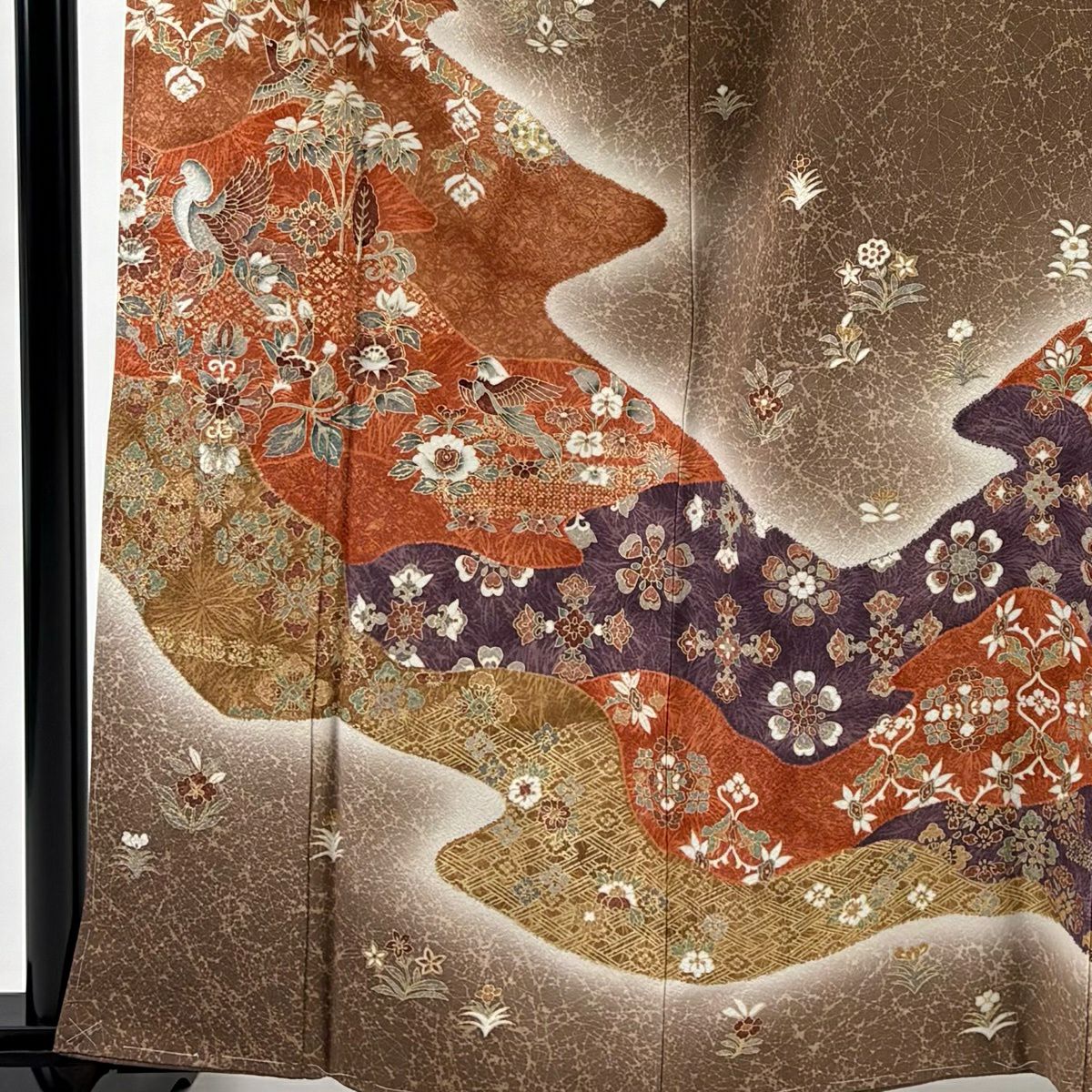 【美品】訪問服 身長161cm 袖長64cm M 雙層 草花紋紋 鳥 金銀彩 染分 茶 純蠶絲 秀品級 一つ紋