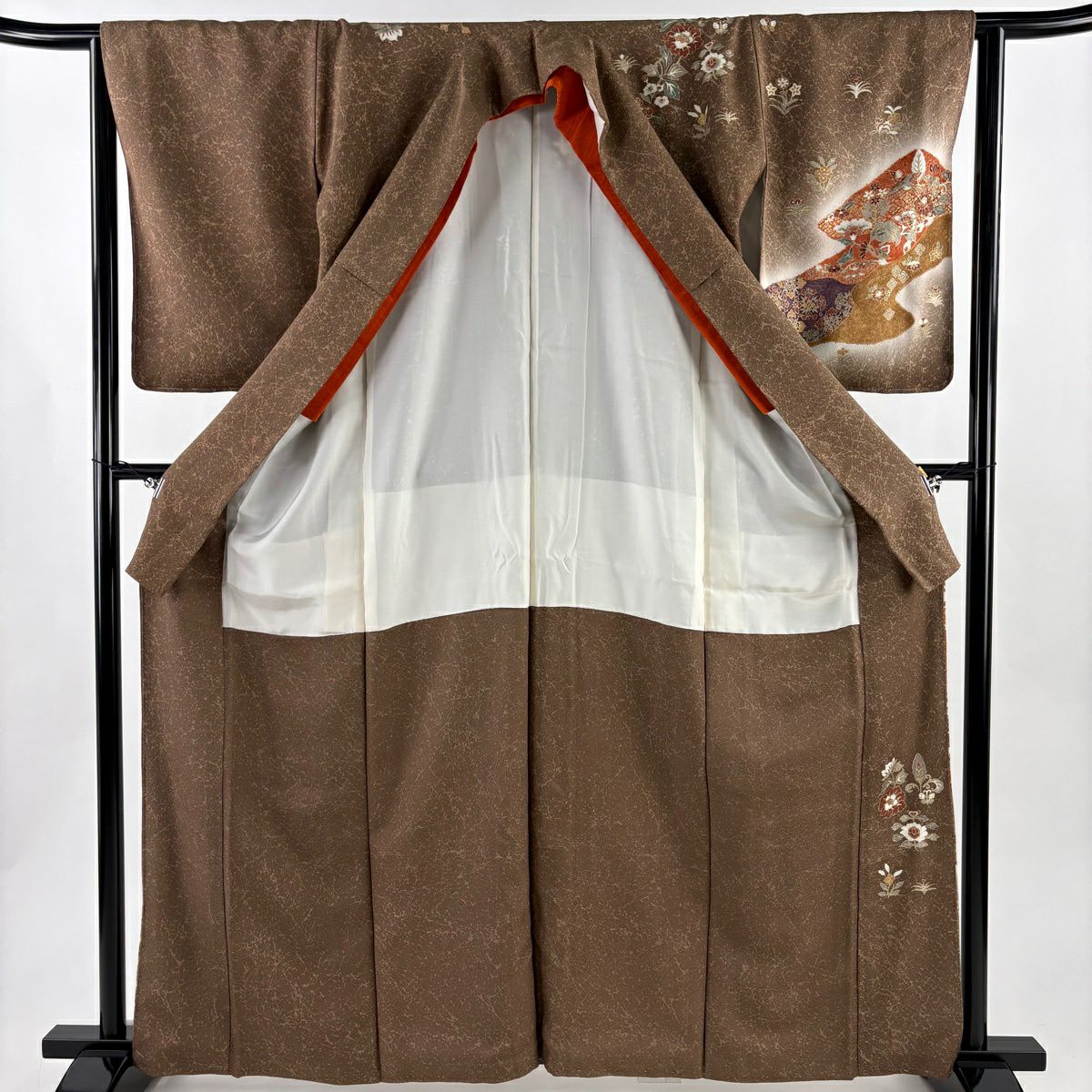 【美品】訪問服 身長161cm 袖長64cm M 雙層 草花紋紋 鳥 金銀彩 染分 茶 純蠶絲 秀品級 一つ紋