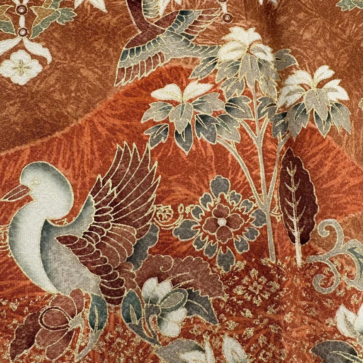 【美品】訪問服 身長161cm 袖長64cm M 雙層 草花紋紋 鳥 金銀彩 染分 茶 純蠶絲 秀品級 一つ紋