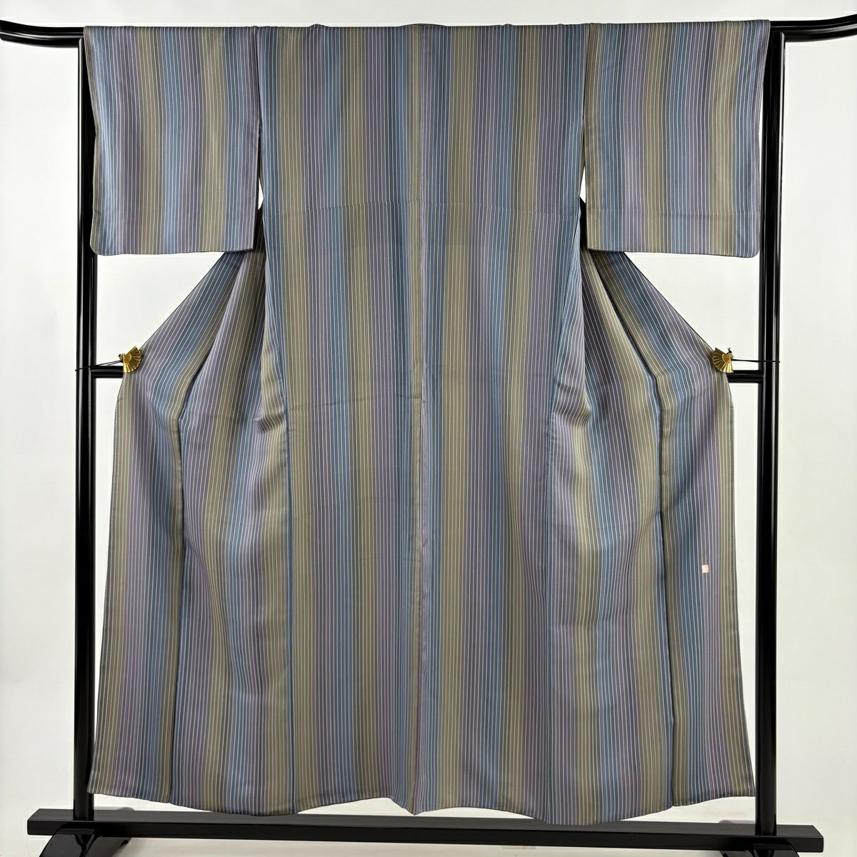 【美品】 小紋 身長154cm 袖長64cm M 雙層 落款あり 縱條紋 染分 青灰色 純蠶絲 秀品級