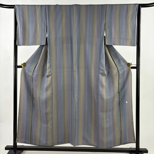 【美品】 小紋 身長154cm 袖長64cm M 雙層 落款あり 縱條紋 染分 青灰色 純蠶絲 秀品級