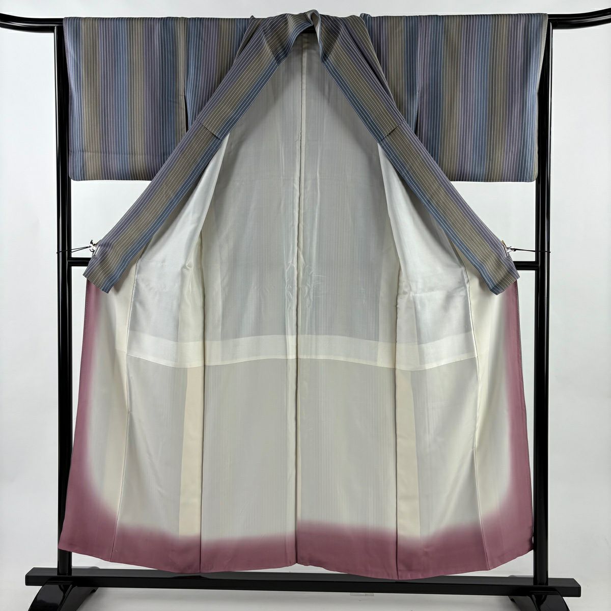 【美品】 小紋 身長154cm 袖長64cm M 雙層 落款あり 縱條紋 染分 青灰色 純蠶絲 秀品級